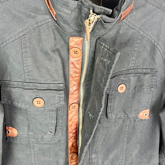 XRAY JEANS | 🧥Dark Navy Blue Brown Faux Leather Trim Multi-Pocket Jacket Coat - Picture 8 of 13